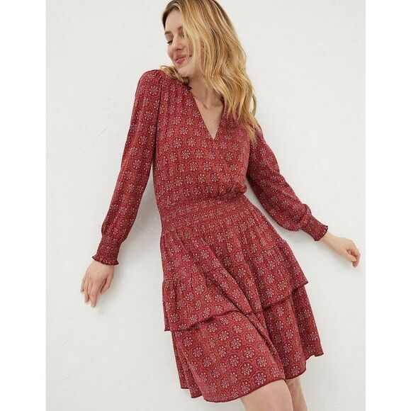 Fat Face Sz 12 Amba Craft Geo Jersey Dress Tiered Wrap Smocked Pullover Raspberr - Picture 1 of 15